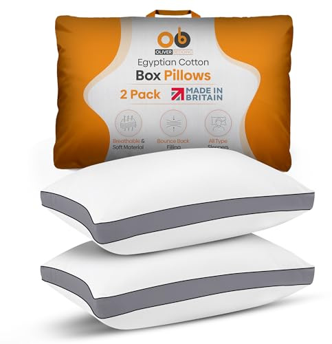 Premium Egyptian Cotton Box Pillows Hotel Quality Pillows for Back Stomach and Side Sleepers Down Alternative Filling Bed Pillow Hypoallergenic Breathable Washable Cover (Pack of 2) (Grey)