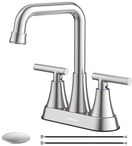 Bathroom Sink Faucet, Hurran 4 inch Brushed Nickel Bathroom Faucets for Sink 3 Hole with Pop-up Drain and Supply Lines, Stainless Steel 2-Handle Centerset Faucet for Vanity RV Restroom