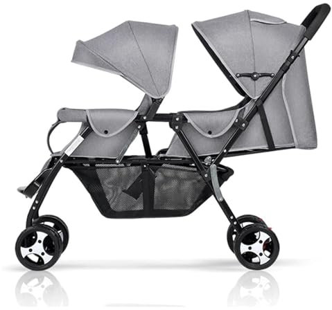 Rieort Cochecitos tándem portátiles, Cochecito Gemelo de retracción de una Llave, Carrito con Dosel Ajustable, Cochecito Doble Grande de Metal