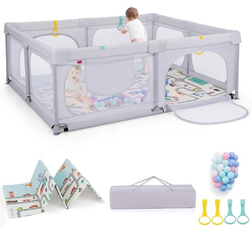 COSTWAY Parque Infantil Bebe,189 x 158 cm,Centro de Actividades para Bebés de 0 a 3 Años con 4 Anillas de Tiro y 50 Bolas Plásticas, Puerta y Malla, Bolsillo y Bolsa de Transporte (Gris claro)