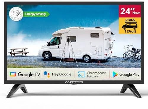 Antteq G24 Smart TV 24 Pouces (60 cm), Television 220/12V, Bluetooth compatibilité avec Google Assistant, Triple Tuner (DVB-S2/T2/C), WiFi, Bluetooth, HDMI, USB, Miroir d’Écran, Idéal Camping