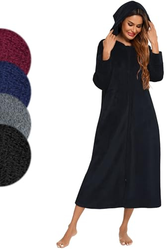 Figarge Badrock för kvinnor och män med dragkedja och huva, lång morgonrock, framfickor, basturock, flanell, badrock, Schwarz2, XL