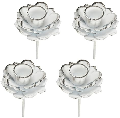 4 Kerzenhalter zum stecken in weiß - Rosenoptik aus Metall Kerzenhalter für Adventskranz