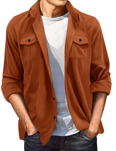 Generisch Camicia da uomo in pelle scamosciata, per il tempo libero, casual, con bottoni, per l'inverno, per l'autunno, l'inverno, normale, a maniche lunghe, oversize, Colore: arancione., S
