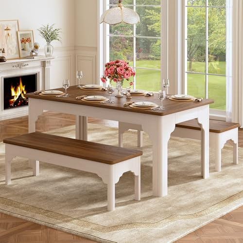 HUAHUU 63 Farmhouse Dining Table Set for 4-6, Kitchen Table with 2 Benches, Space Saving 3-Piece Rectangle Wooden Dinette Table Set for Dining Room, Breakfast Nook, Small Space, Brown & White