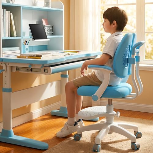 2026 Upgraded Kids Desk Chair, Ergonomic Children Swivel Study Chair with Flipped Armrest and Footrest, Dual Back Support, Height and Depth Adjustable Computer Chair, Teen Office Chair (Blue)