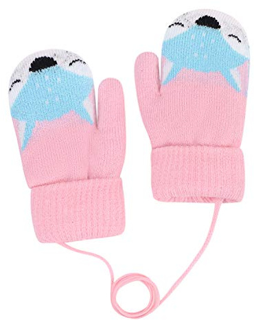 Kids Toddlers Thermal Gloves Winter Warm Thick Knitted Gloves with String Baby Fleece Lined Gloves Hanging Neck Mittens Cute Full Finger Mittens with Anti-Lost String for Boys Girls Age 0-4