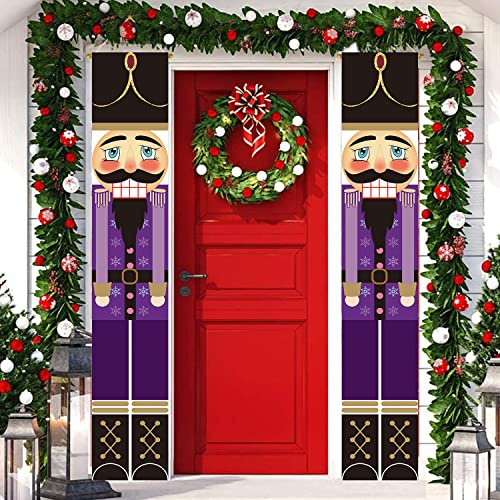 Nutcracker Merry Christmas Decorations，Outdoor Xmas Decor - Life Size Model 2 PCS Nutcracker Soldier Banners for Front Door Porch Indoor Exterior Kids Party Garden (Purple)