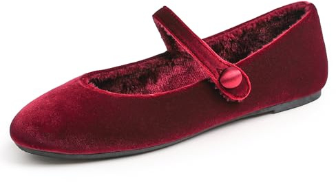 Feversole Women's Velvet Mary Jane Scarpe Basse Classiche Décolleté Eleganti Mary Jane con Fibbia Morbida Scarpe da Ballo per Balletto per Donna Velluto Borgogna Foderato di Pelliccia 41
