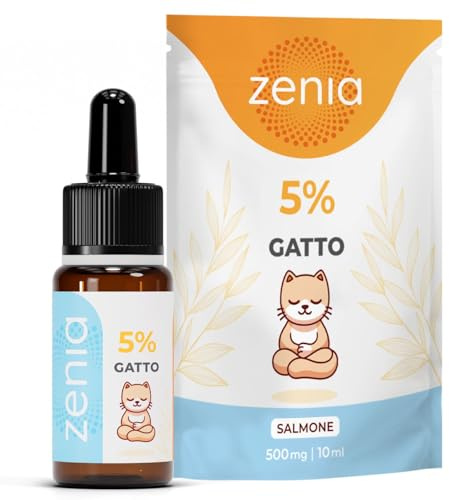 ZENIA Oil GATTO 5% Gusto SALMONE, Calma il tuo gatto riducendogli l'Ansia, Migliora i Dolori Muscolari Olio ideale per Alleviare Artrite, Displasia, Migliora la Qualità della Vita dell'animale (10 ML)