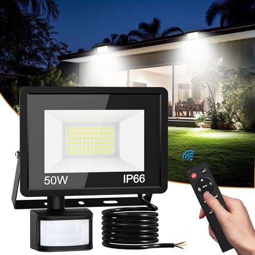 vighep Security Lights Outdoor Motion Sensor, 50W Led Pir Floodlight with Remote Control, 6500K Cold White IP66 Waterproof Outside Wall Light Mains Powered for Garage Backyard Garden Doorway