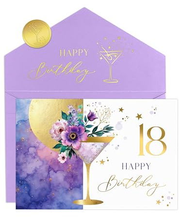 Joli Coon Biglietto auguri compleanno 18 ELEGANT – Biglietto pieghevole di alta qualità con illustrazione floreale di martini e busta in colori pastello – Biglietto auguri compleanno 18 anni ragazza