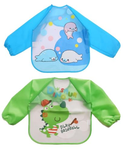 2 baberos con mangas, delantal para bebé, ropa de pintura para niños, apto para hombres y mujeres, babero impermeable para niños de 6 meses a 5 años para pintar, jugar y comer.