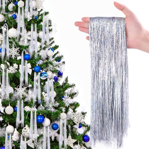 JOLCEEY 6000 Stränge Weihnachtsbaum Lametta, 50 cm Glitzer Lametta Vorhänge Silber Weihnachtsbaum Lametta Weihnachten Christbaumschmuck für Party Deko Geburtstagsfeier Hochzeit Weihnachten