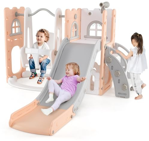 GOPLUS 7-i-1 barnrutschkana, barnrutschkana och klätterlekset med stege, basketkorg, gunga, teleskop, förvaringsutrymme och halkfria pedaler, inomhuslekplats för barn från 1–3 år (grå + rosa)