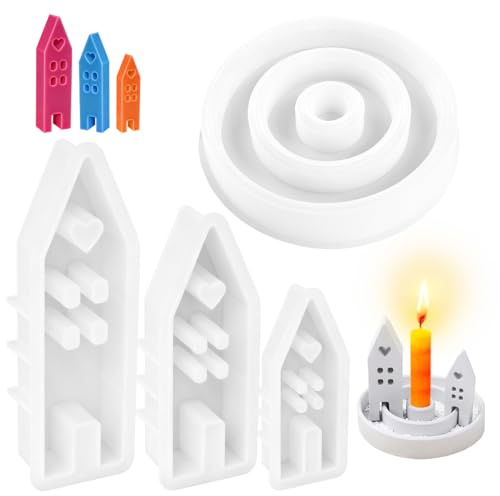 4 Pezzi Stampi in Silicone per Candele, 3 Stampi in Silicone per Colata Case y 1 Stampo per Candele, Fai Da Te per Candele,Saponi,Gesso Casette per Casa,Natale,Pasqua