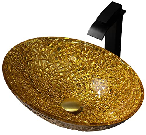 Lavabo Moderno De Vidrio Templado con Diseño Ovalado, para Baño, con Instalación Superior, Grifo Y Desagüe Emergente.