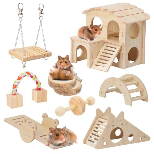 MAIJIAJU 9 piezas de juguete para hámster y casa, de madera maciza, juego multifunción