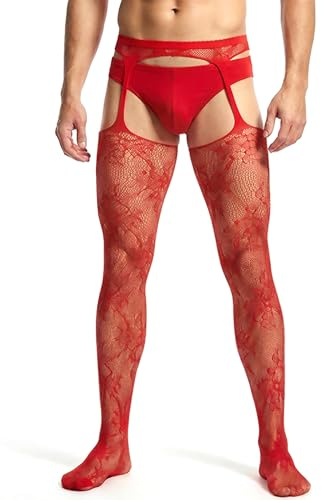 ohmydear Collant Homme Sexy Ouvert Grande Taille Bas pour Porte-Jarretelles Haute Élastique Floral Collant Resille Masculin Ensemble Lingerie Transparent Sissy sous-vêtements