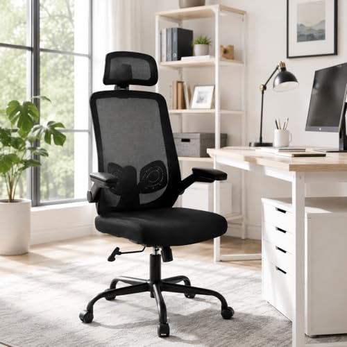 DUMOS Bürostuhl Ergonomisch, Gaming Stuhl mit Verstellbarer Kopfstütze, Armlehnen Schreibtischstuhl, Office Chair, Drehstuhl Lendenwirbelstütze, Chefsessel aus Mesh, Rückenschonend, Bürostuhl 150kg