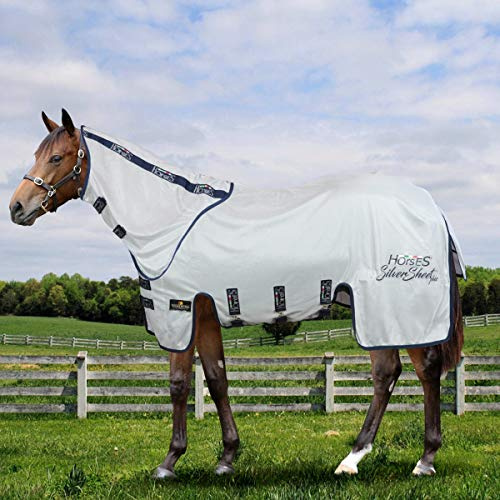 Horses, Coperta Antimosche in Rete Silver Sheet Plus, per la Stagione Estiva, Riflette Luce e Calore, Tessuto in Rete Fitta Contro Mosche ed Insetti, 145 cm