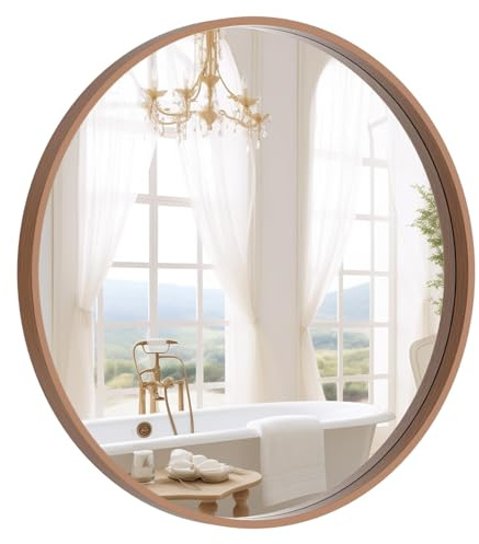 WallBeyond Wood Round Mirror with Wood Frame 24 inch Circle Wall Mirror for Bathroom Round Wall Mirror for Wall Decor, Vanity, Entryway Living Room (Walnut)