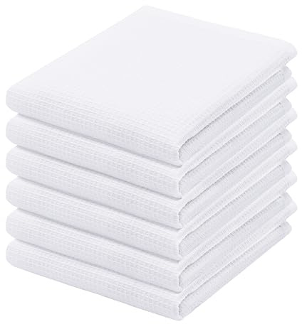 PurpleEssences Waffle Weave Kitchen Towel, 100% Cotton - 15x25 Inches with Hanging Loop, Ultra Soft Absorbent Quick Drying Dish Cloth, Tea and Hand Towels, 6 Pack - Spring Easter Summer - White