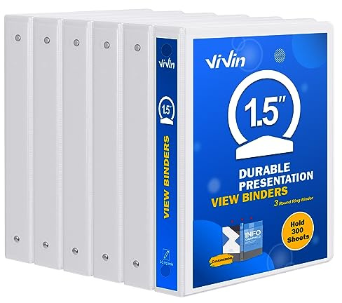 3 Ring Binder 1-1/2 Inch, ViVin Sturdy 1.5-Round Ring Binder with 2 Interior Pockets, Clear View Cover, PVC-Free, Fits 300 Sheets of 8.5'' x 11'' Paper, Office Home School (6 Pack, White)
