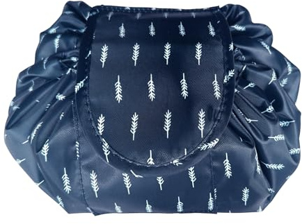 Lazy Drawstring Make up Bag, Flat Lay Makeup Bag, Large Capacity Waterproof Travel Portable Cosmetic Bag Pouch Makeup Pouch Storage Organiser for Women Girl (Navy Blue Feather)