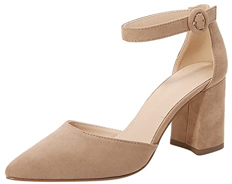 Pumps dam med rem textil vegansk blockklack – dansskor spänne rempumps höga klackar sandaler stängda bröllopsskor tjock klack Mary Jane-skor dagliga enstaka skor, Beige, 37