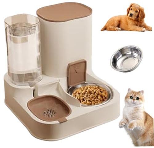 Distributeur d'eau automatique 2 en 1 en acier inoxydable et polypropylène - Distributeur de nourriture amovible pour chiens et chats - Marron