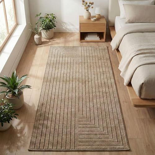 Carpetsale24 Tappeto per Soggiorno, Camera da Letto, Veranda - Pelo Corto Beige, Effetto Alto-Basso, Morbido e Lavabile, Adatto per Esterni, Facile da Pulire, 80x150 cm