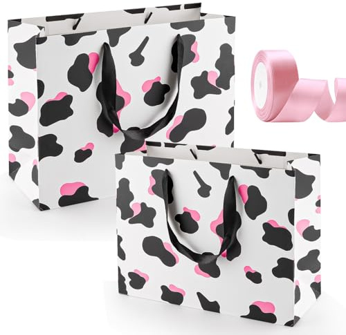 Cow Bolsas Cumpleaños, 2 Piezas Bolsas Rosa de Regalo Cumpleaños Grande para Regalos Embalaje con Cinta