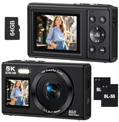 Appareil Photo numérique 5K avec Deux écrans pour vlogging, caméra Wi-FI 80 MP avec écran Avant, Zoom 18x, lumière éclaircissante, avec Carte de 64 Go et 2 Batteries