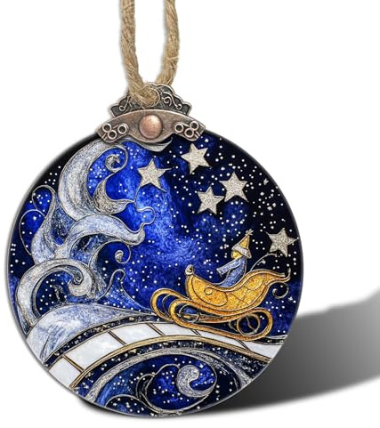 CRISGIF Stained Glass Christmas Decorations, Blue Sky Silver Star Suncatcher for Window Christmas Tree Hanging Ornaments Magic Carpet Sun Catcher Xmas Decor Gifts for Women Men Mom Nana Friend