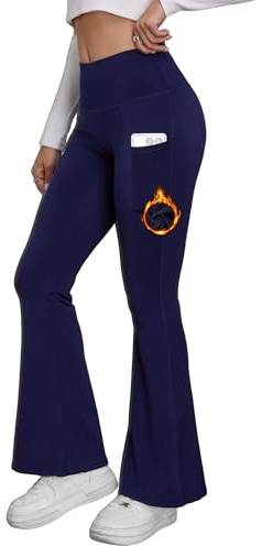 Merlvida Leggins Térmicos Mujer de Cintura Alta con Bolsillos Forrados de Felpa Cálidos Pantalones Acampanados Tipo Bootcut para Yoga Fitness Running en Invierno