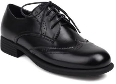 Femmes Lacer Vintage Chaussures De Robe Bout Rond Cuir PU Brogue Oxfords Talon Bloc Bas Chaussures Formel,Noir,39 EU