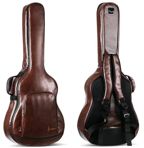 MOHUIED Gitarrväska 40/41 tum PU brunt gitarrfodral akustisk folkväska skydd med axelremmar vattentät ryggsäck, Brun, En storlek, En stil