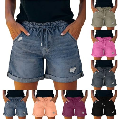 Shorts Vaqueros para Mujer, Cintura Elástica con Cordón, Estilo Casual, Dobladillo Enrollado, Pantalones Cortos Vaqueros Rotos Anchos con Cintura Alta Verano Casual Bermudas Shorts Jeans