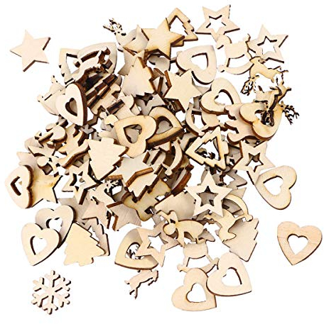 100 discos de madera con forma de corazón y estrella, decoración para esparcir para árbol de Navidad, bodas, fiestas, manualidades, adornos (patrón de mezcla)