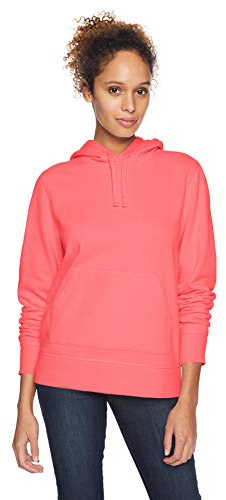 Amazon Essentials Women's Regular-Fit Midweight Fleece Pullover Hoodie with Kangaroo Pocket, Bright Coral, Large