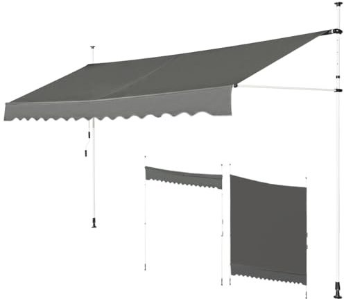 GOPLUS Klämmarkis 250 cm bred, markis balkong utan borrning, markis med handvev, UV-beständig justerbar vattenavvisande, solskydd för balkong terrass och trädgård (grå, 250 cm)