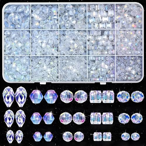 Lot de 1000 perles en verre à enfiler - Perles en cristal facettes - 4/6/8 mm - Boîte de rangement - Bijoux, colliers, bracelets, boucles d'oreilles