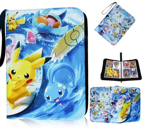 Álbum de cartas coleccionables Freyauga, álbum de 4 bolsillos con 50 fundas para 400 cartas, carpeta de colección de dibujos animados y anime con cierre de cremallera y asa de transporte, resistente