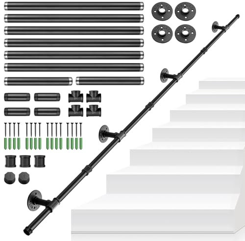 TANiCE Pasamanos de Escalera 3 Metros de Tubo de Acero Negro Antideslizante Barandilla Industrial para Escaleras Interiores y Exteriores Ideal para Ancianos y Niños Soporte Seguro y Fácil de Instalar