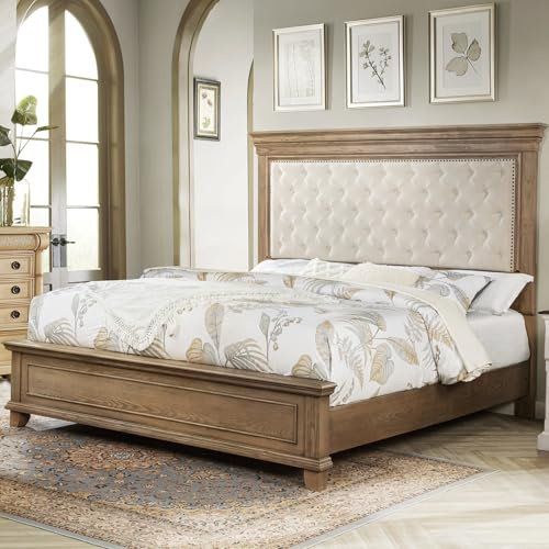 AMERLIFE 68 in Tall King Size Bed Frame with Upholstered Headboard, Solid Wood Farmhouse Platform Bed, Bohemian Tufted Wooden Panel Design, No Box Spring Needed, Light Oak