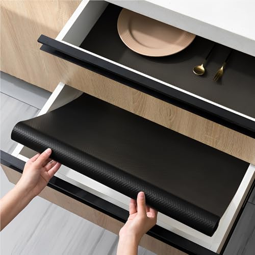 FDOUIGE Tapis de tiroir 48 x 500 cm - Eva - Antidérapant - Imperméable et non adhésif - Pour armoires de cuisine, réfrigérateur et étagères - Noir