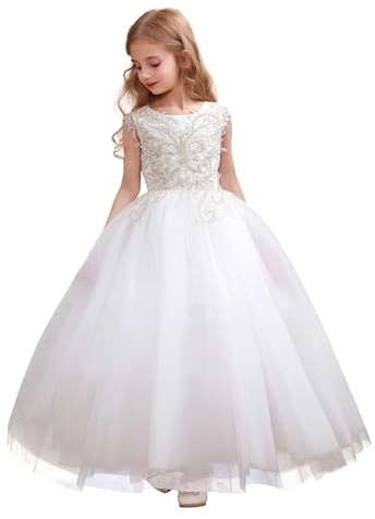 Aibaowedding Abito da principessa elegante con paillettes ricamate, in pizzo, per feste, da damigella d'onore, per compleanno, in tulle, per comunione, da sera, bianco, 12-13 Anni
