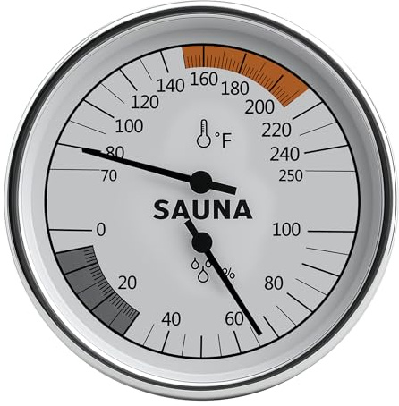 Termómetro de sauna y medidor de humedad con Fahrenheit - Medidor de montaje en pared totalmente metálico para salas de vapor | No necesita batería | Rango de 20-120 °C / 20.0-120.0 °C