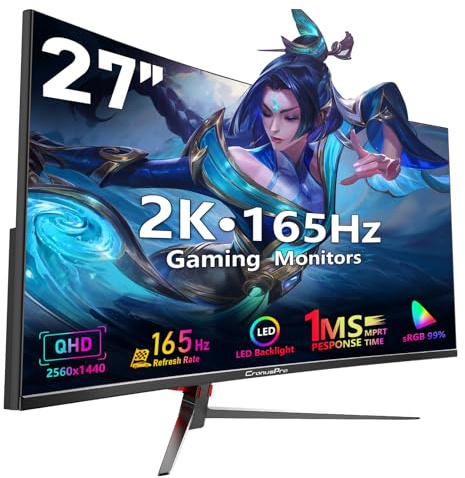 CronusPro 27 Inch Curved Gaming Monitor, 2K QHD (2560 x 1440), 165HZ, 1800R VA Panel, 1 ms MPRT, 4000:1, 99% sRGB, AMD FreeSync, HDMI/DisplayPort, VESA, Eye Care, PC Monitor for Gaming Office Black